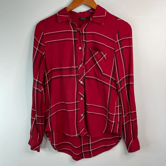 RW&CO Burgundy Plaid Brushed Viscose Button Up Shirt Hi Low Long Sleeve Size XS - Picture 10 of 10